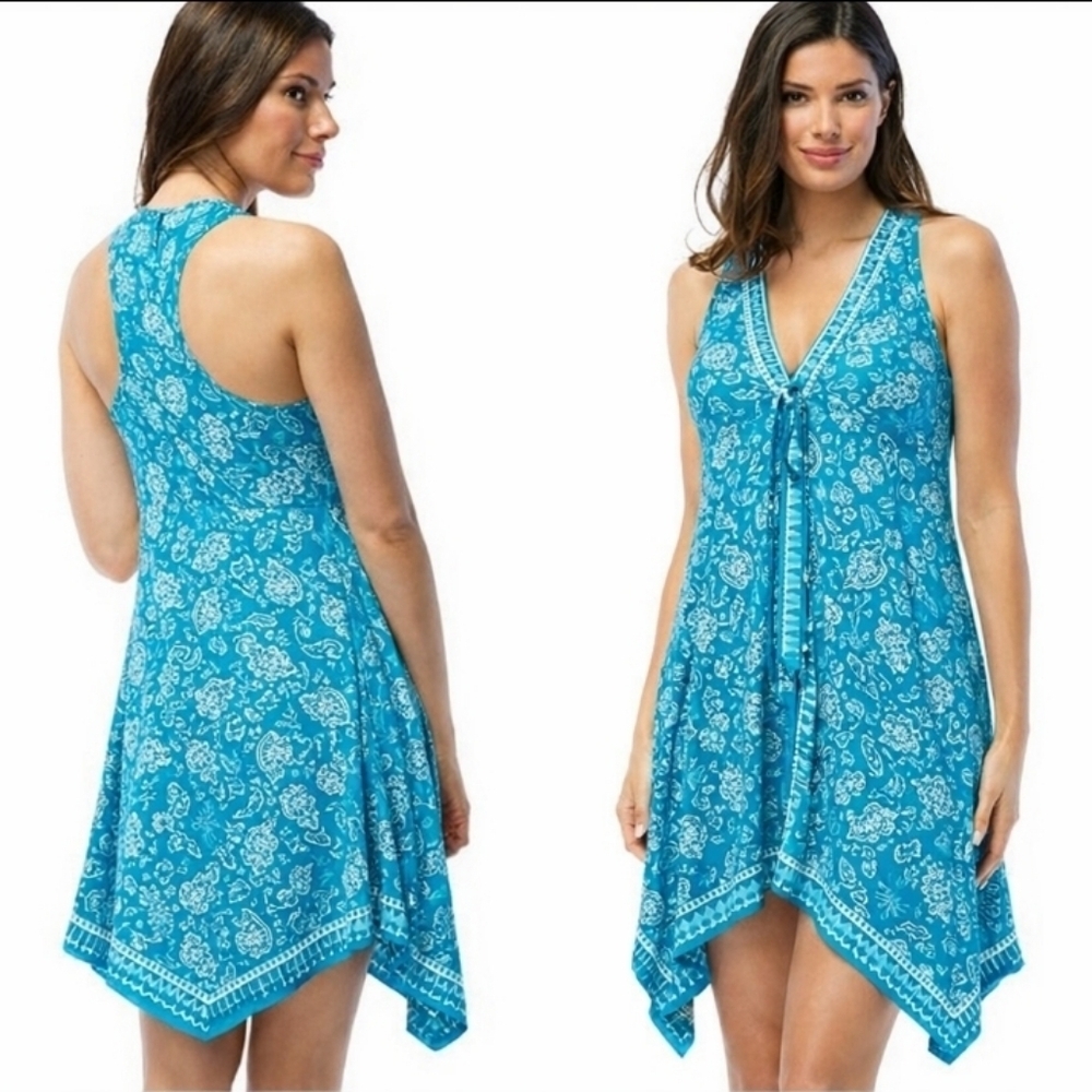 Coco Reef Cover Up Dress blue white sleeveless stretch asymetric vneck Stretch M